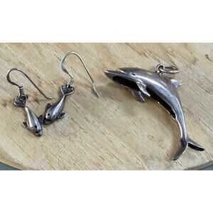 Sterling Silver Dolphin Drop/Dangle Earrings and Matching Pendant.